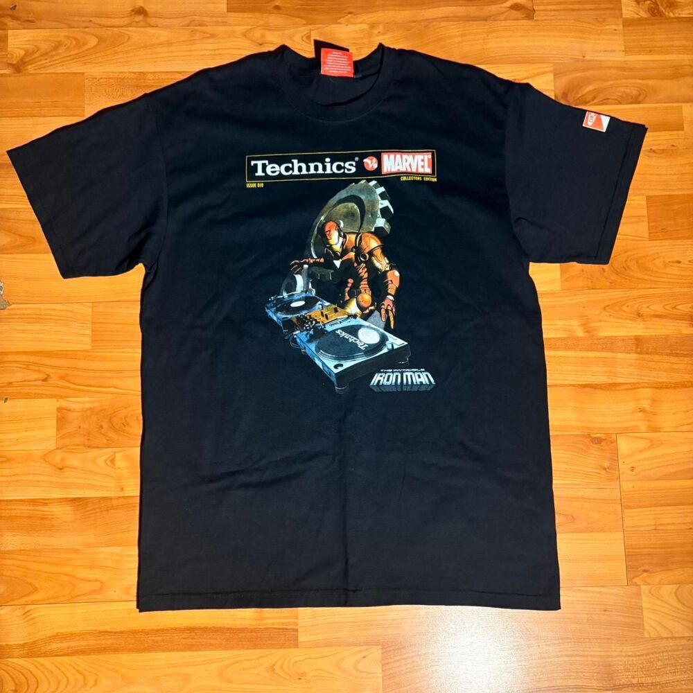 Vintage Marvel x Technics Black DJ Tee Shirt Size L Comic Streetwear Rare